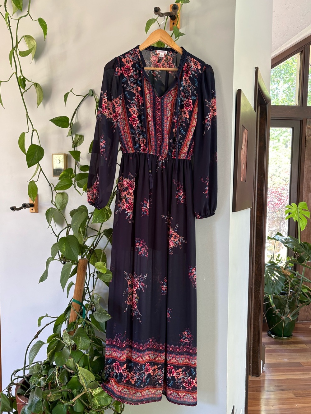 Women's Black Floral Maxi Dress with Pink Accents